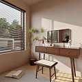 Modern Dressing Table With Mirror Lamp Potted Plant And Stool By Window With Blinds