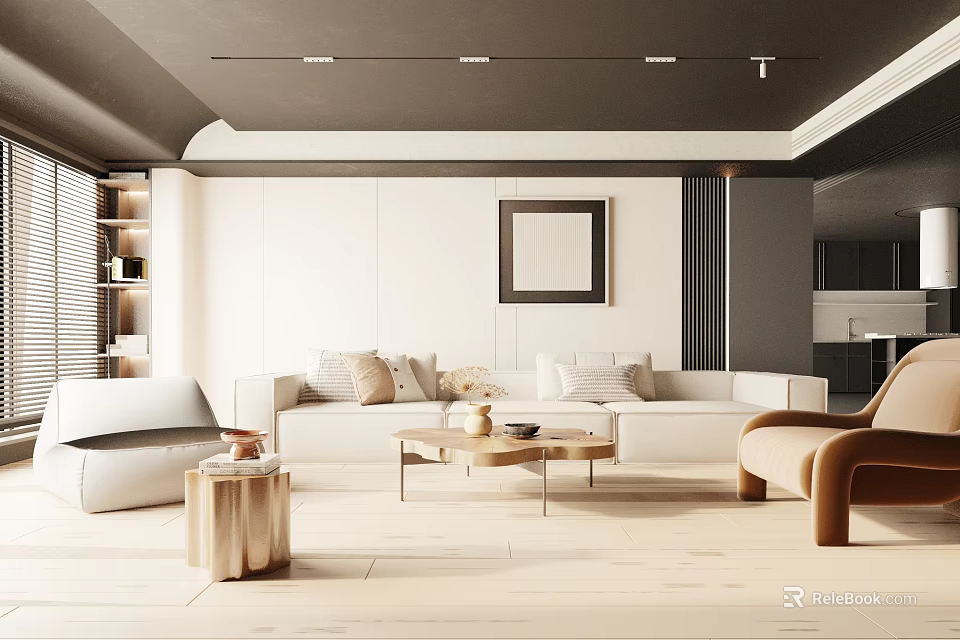 Modern Living Room With White Sofas Beige Cushions Wood Coffee Table Brown Armchair Framed Artwork 3d model 