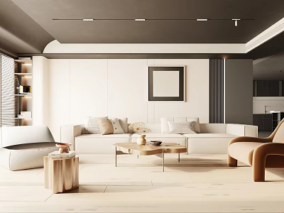 Modern Living Room With White Sofas Beige Cushions Wood Coffee Table Brown Armchair Framed Artwork 3d model