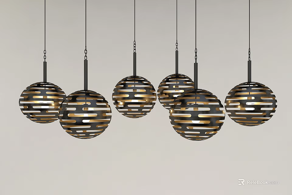 Modern Spherical Chandeliers With Stripe Design And Black Metal Frames Hanging 3d model 