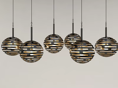 Modern Spherical Chandeliers With Stripe Design And Black Metal Frames Hanging 3d model