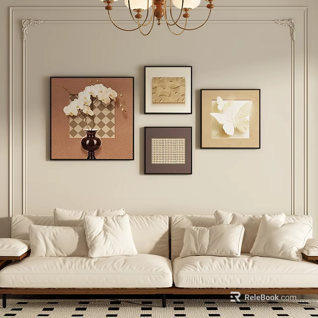 Multiple Abstract Paintings Decorating Beige Wall in Living Room with Cream Sofa and White Cushions 3d model 
