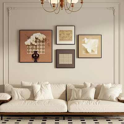 Multiple Abstract Paintings Decorating Beige Wall in Living Room with Cream Sofa and White Cushions 3d model