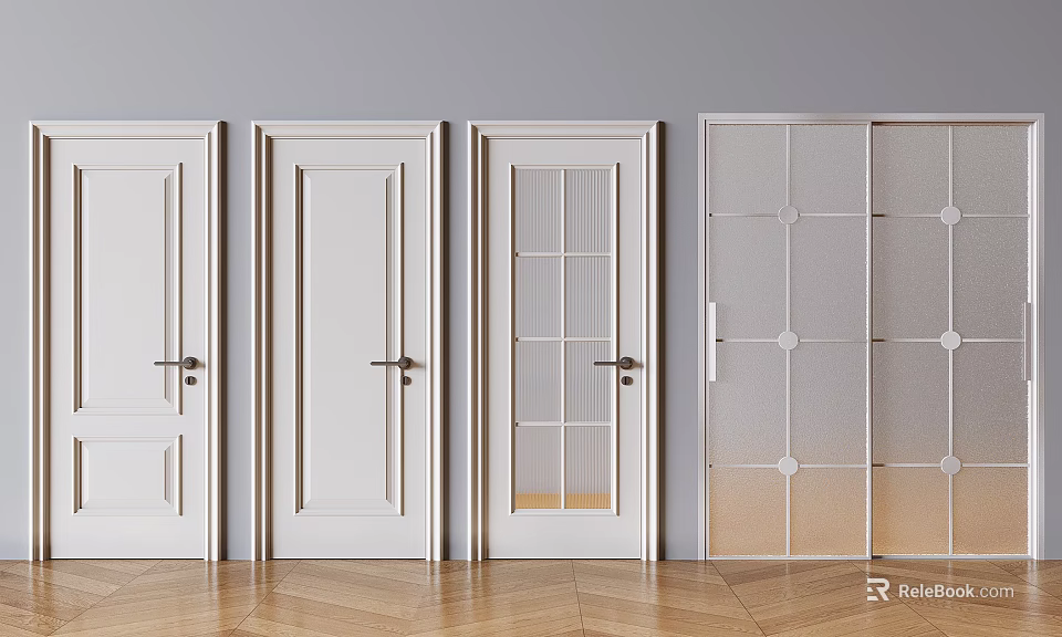White Hinged Interior Doors with Various Designs Simple Lines Glass Panels and Handles 3d model