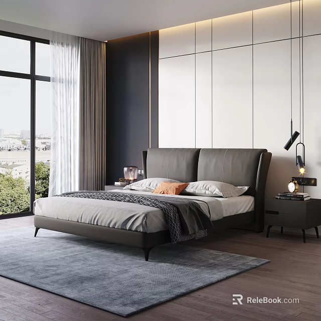 Modern Double Bed with Gray Leather Headboard Nightstand Lamp and City View Through Window 3d model 