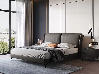 Modern Double Bed with Gray Leather Headboard Nightstand Lamp and City View Through Window 3d model