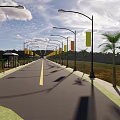 Road Infrastructure Featuring Street Lamps Yellow Banners Sidewalks Palm Trees And Green Grass