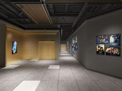 Elevator Hallway With Industrial Ceiling Gray Floor Tiles And Wall Posters 3d model