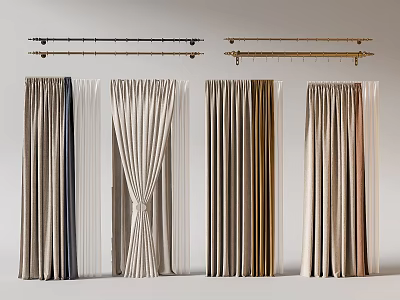 Various Curtain Panels With Pleated Draped Styles In Beige Brown Neutral Tones 3d model