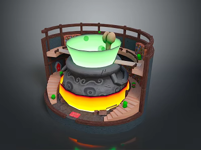 Enchanting Fantasy Scenery with Circular Structure Green Bowl Glowing Lava Wooden Railing and Steps 3d model