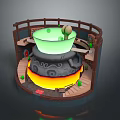 Enchanting Fantasy Scenery with Circular Structure Green Bowl Glowing Lava Wooden Railing and Steps