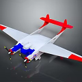 Red Wing Blue And White Fuselage Airplane With Twin Propellers And Tail Fins
