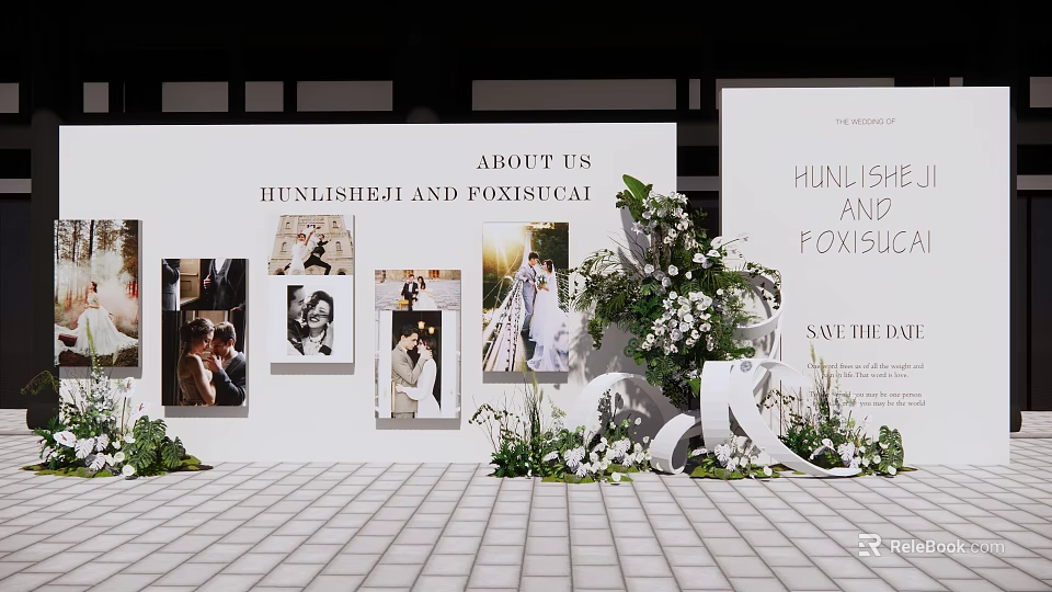 Check-in Area Setup For HUNLISHEJI AND FOXICAL Save The Date With Photo Display And Flowers 3d model 