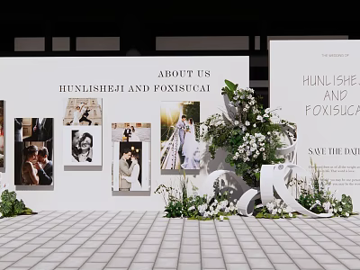 Check-in Area Setup For HUNLISHEJI AND FOXICAL Save The Date With Photo Display And Flowers 3d model