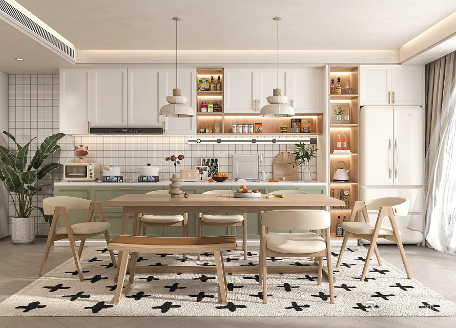 Modern Restaurant Interior With Open Kitchen White Cabinets Pendant Lights Green Plants And Wooden Dining Set 3d model 