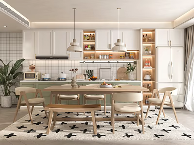 Modern Restaurant Interior With Open Kitchen White Cabinets Pendant Lights Green Plants And Wooden Dining Set 3d model