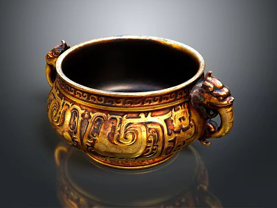 Ancient Ornate Ceramic Vessel Featuring Dragon Handles And Intricate Gold Decorative Patterns 3d model