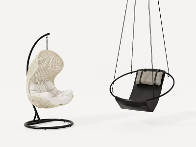 Modern Woven Cushioned Hanging Chair With Black Metal Stand And Circular Frame Design 3d model