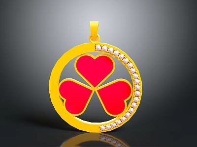 Gold Pendant Featuring Circular Frame Red Clover Heart Shaped With Diamond Encrusted Edge 3d model