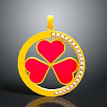 Gold Pendant Featuring Circular Frame Red Clover Heart Shaped With Diamond Encrusted Edge