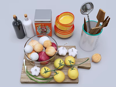 Kitchen Tableware Set With Colorful Bowls Wooden Utensils Vegetables And Eggs 3d model