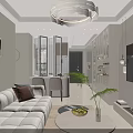 Modern Living Dining Room Interior With White Sofa Coffee Table TV Chandelier And Decorative Paintings