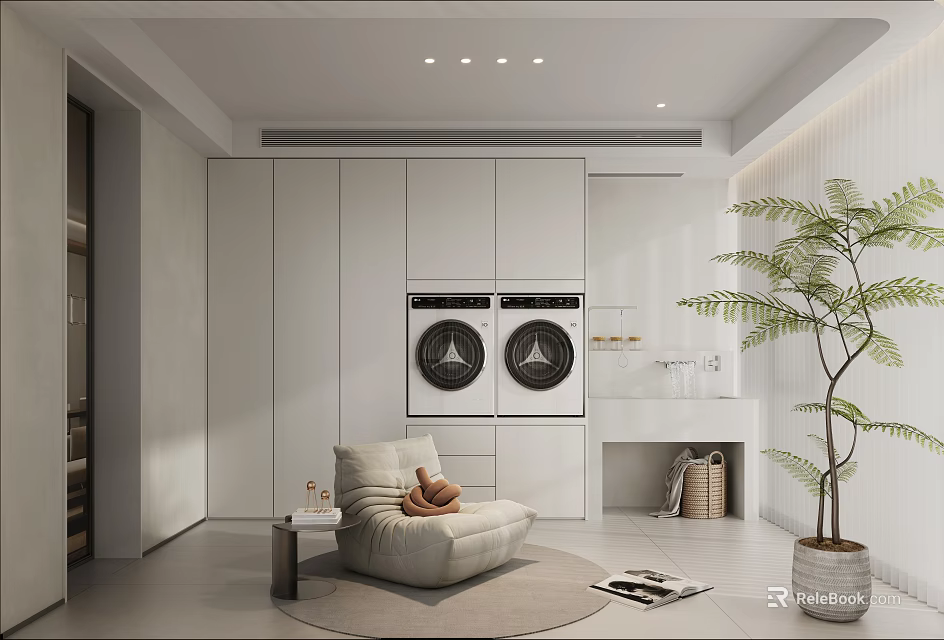 Home Balcony With Minimalist Design Double Washing Machines Cozy Chair And Plant 3d model 