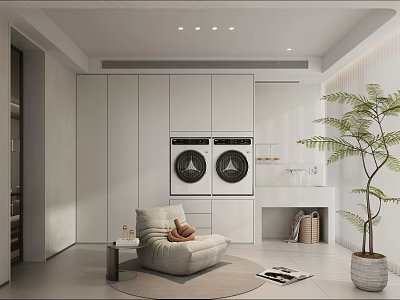 Home Balcony With Minimalist Design Double Washing Machines Cozy Chair And Plant 3d model