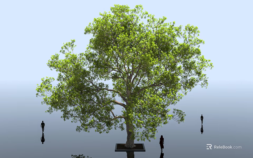 Tall Arbor With Lush Green Foliage And Thick Trunk Surrounded By People Silhouettes 3d model 