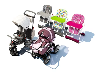 Assorted Baby Strollers And High Chairs With Colorful Patterns And Designs 3d model