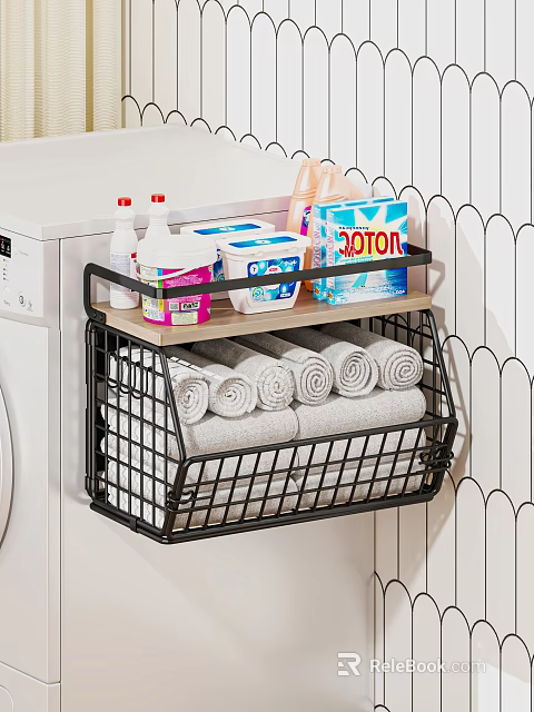 Black Wall Mounted Storage Rack Holding Laundry Essentials And Rolled Towels 3d model 