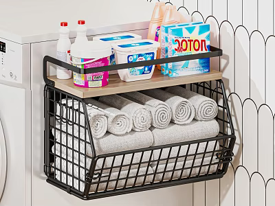 Black Wall Mounted Storage Rack Holding Laundry Essentials And Rolled Towels 3d model