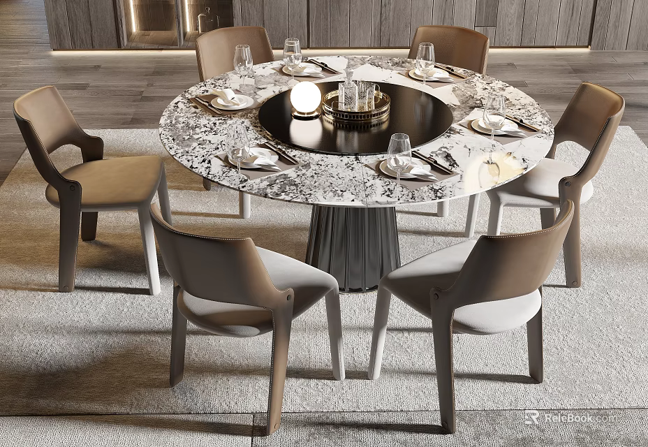 Modern Circular Dining Table Set With Marble Top And Six Upholstered Chairs 3d model