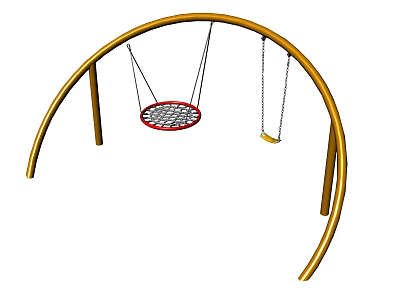 Outdoor Playground Equipment with Wooden Arched Frame Featuring Red Mesh Swing and Yellow Board Swing 3d model