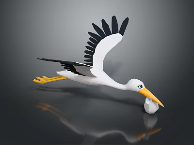 Flying Stork Carrying White Ball In Beak On Dark Background With Reflection 3d model