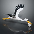 Flying Stork Carrying White Ball In Beak On Dark Background With Reflection