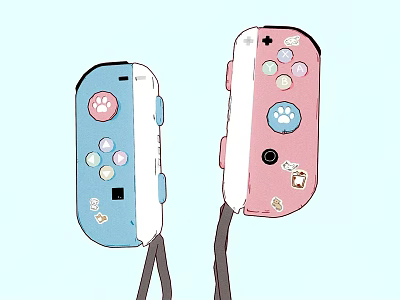 Cute Blue and Pink Entertainment Electronics Game Controllers with Paw Print Decorative Stickers 3d model