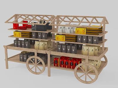 Inflatable Models Display On Multi Layer Wooden Cart With Colorful Packaging Boxes 3d model