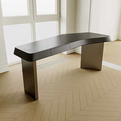 Modern Office Desk With Black Top And Metal Legs In Bright Room With Herringbone Floor 3d model