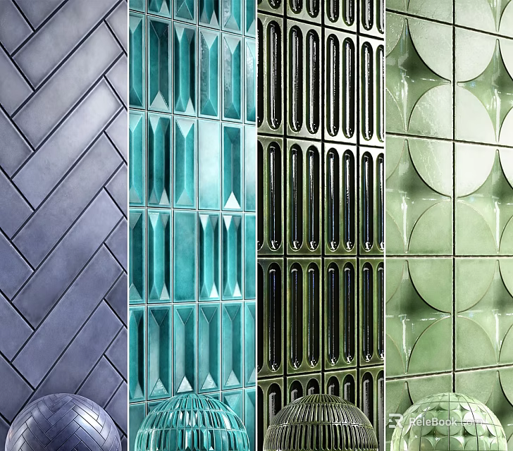 Various Modern Tile Wall Designs With Herringbone Diamond Vertical And Circular Patterns 3d model