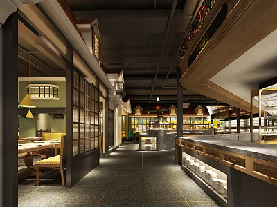 Modern Restaurant Interior With Open Layout Wooden Bar Dining Tables And Warm Lights 3d model