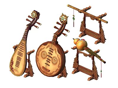 Traditional Chinese Musical Instruments Pipa Ruan Dizi Hulusi with Wooden Display Stands 3d model