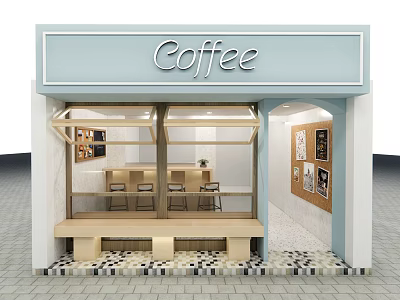 Light Blue Coffee Shop Exterior With Glass Windows Front Bench And Checkered Floor 3d model