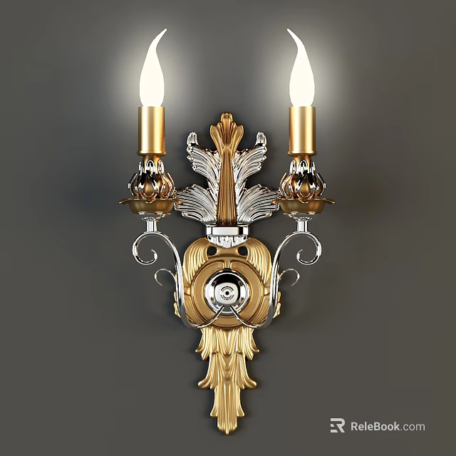Vintage Ornate Wall Sconce With Gold Silver Metal Leaf Motif And Double Candle Design 3d model 