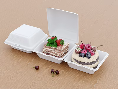 Delicious Cakes In White Food Containers Topped With Strawberries Mint And Cherries On Wooden Tabletop 3d model