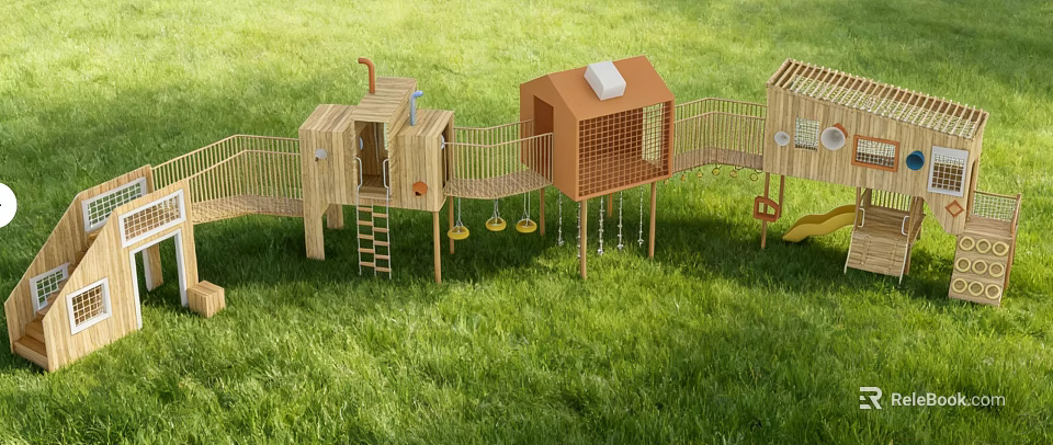Kindergarten Outdoor Play Area With Wooden Climbing Frames Swings And Small Cabins On Green Grass 3d model 
