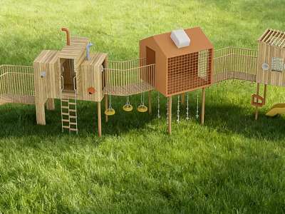 Kindergarten Outdoor Play Area With Wooden Climbing Frames Swings And Small Cabins On Green Grass 3d model