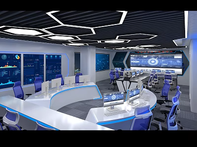 Modern Control Room Interior With Curved Consoles Multiple Monitors And Blue Chairs 3d model