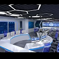 Modern Control Room Interior With Curved Consoles Multiple Monitors And Blue Chairs