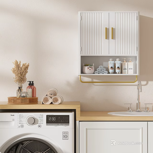Modern Laundry Bathroom Interior With White Cabinets Gold Handles Toiletries On Shelf And Dried Flowers 3d model 